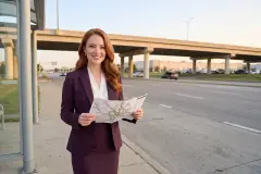 A woman with a transit map at a bus stop